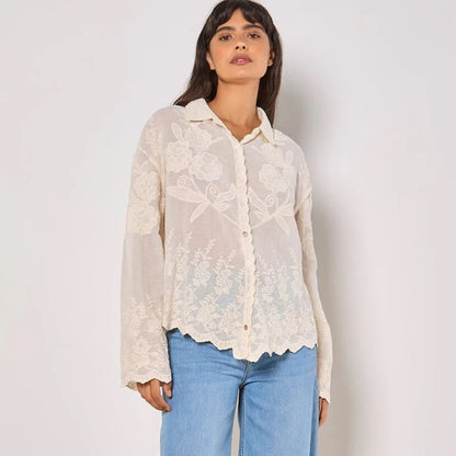 LAST ONE IN WHITE!  APRICOT 🍑Boho Embroidered Cream Button-Front Shirt