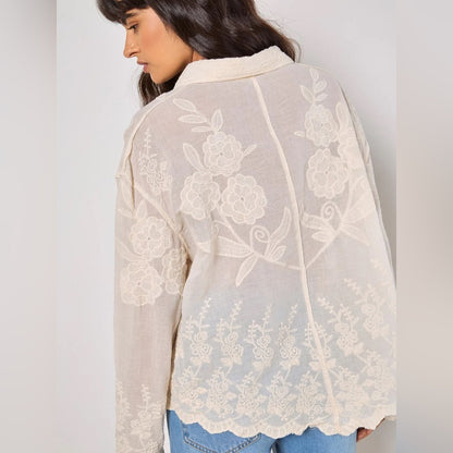 LAST ONE IN WHITE!  APRICOT 🍑Boho Embroidered Cream Button-Front Shirt
