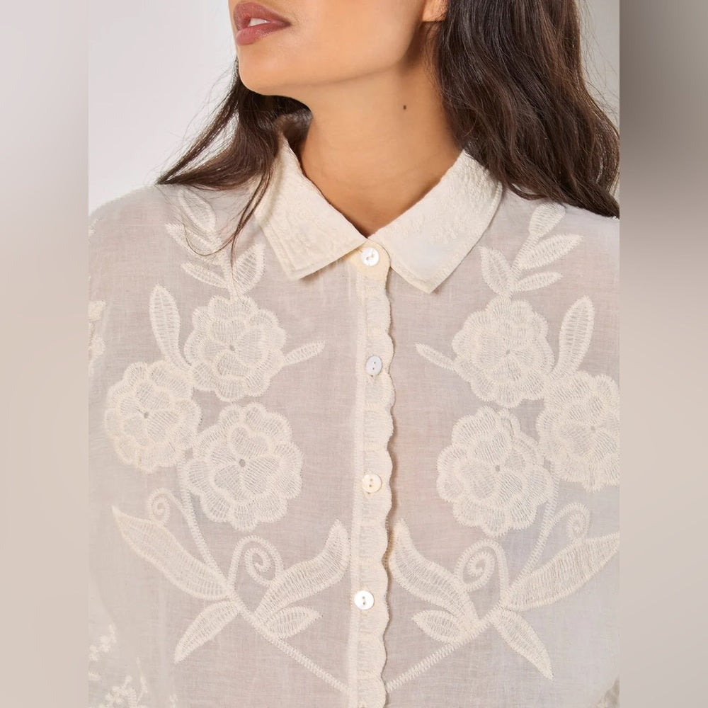 LAST ONE IN WHITE!  APRICOT 🍑Boho Embroidered Cream Button-Front Shirt