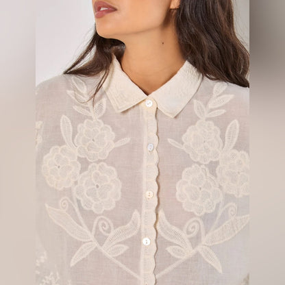 LAST ONE IN WHITE!  APRICOT 🍑Boho Embroidered Cream Button-Front Shirt