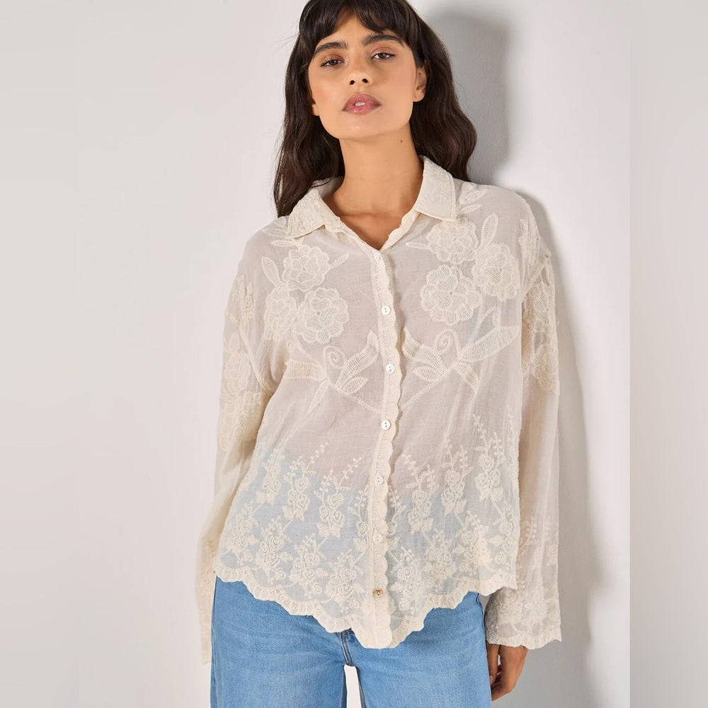 LAST ONE IN WHITE!  APRICOT 🍑Boho Embroidered Cream Button-Front Shirt